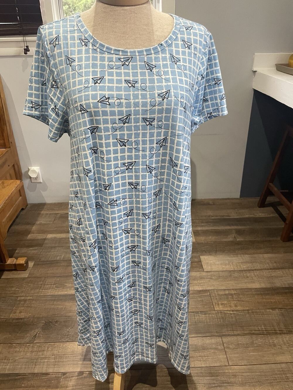 Lularoe Julia Paper Airplanes Print Dress Blue And White Soft Size L Whimsical